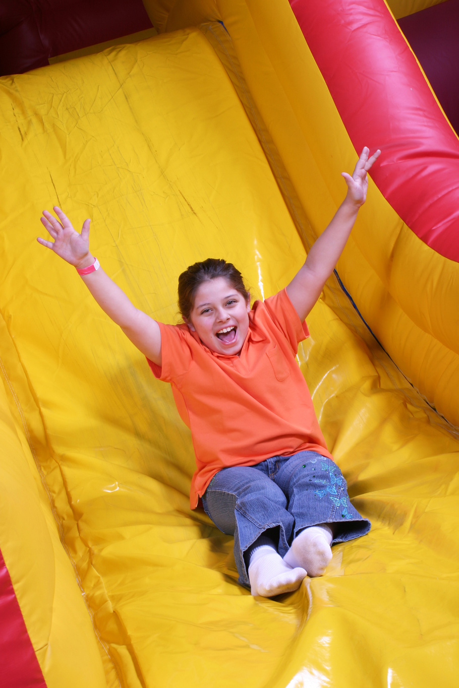 Girls on inflatable slide